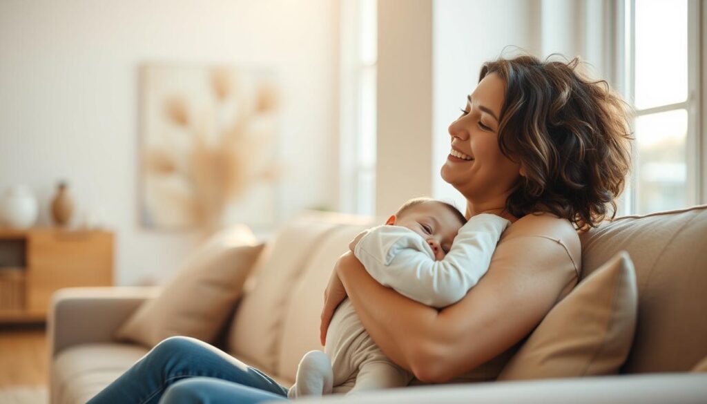 A serene and well-lit living room scene, with a warm and inviting atmosphere. In the foreground, a mother sitting on a comfortable couch, holding a young child in a gentle embrace. The mother's face radiates a sense of contentment and unconditional love, her gaze directed lovingly towards the child. Soft, natural light filters in through large windows, casting a soft, golden glow on the pair. In the background, subtle, abstract wall art or decor elements suggest a sense of harmony and appreciation for the mother's role. The overall composition conveys a profound sentiment of reverence and gratitude for the nurturing power of motherhood.