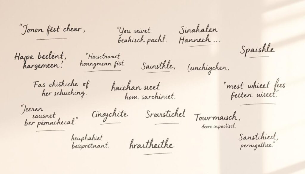 A serene, artistic arrangement of handwritten "schönste Sprüche" (most beautiful quotes) in various calligraphic styles, arranged elegantly across a soft, neutral background. The quotes are rendered in a mix of charcoal, ink, and pencil, with a tactile, expressive quality. The composition features a balance of positive and negative space, inviting the viewer to linger and appreciate the thoughtful, inspirational words. Warm, diffused lighting casts gentle shadows, creating depth and a contemplative atmosphere. The overall aesthetic is one of simplicity, beauty, and heartfelt sentiment, perfectly suited to illustrate a section on Mother's Day quotes from a child's perspective.