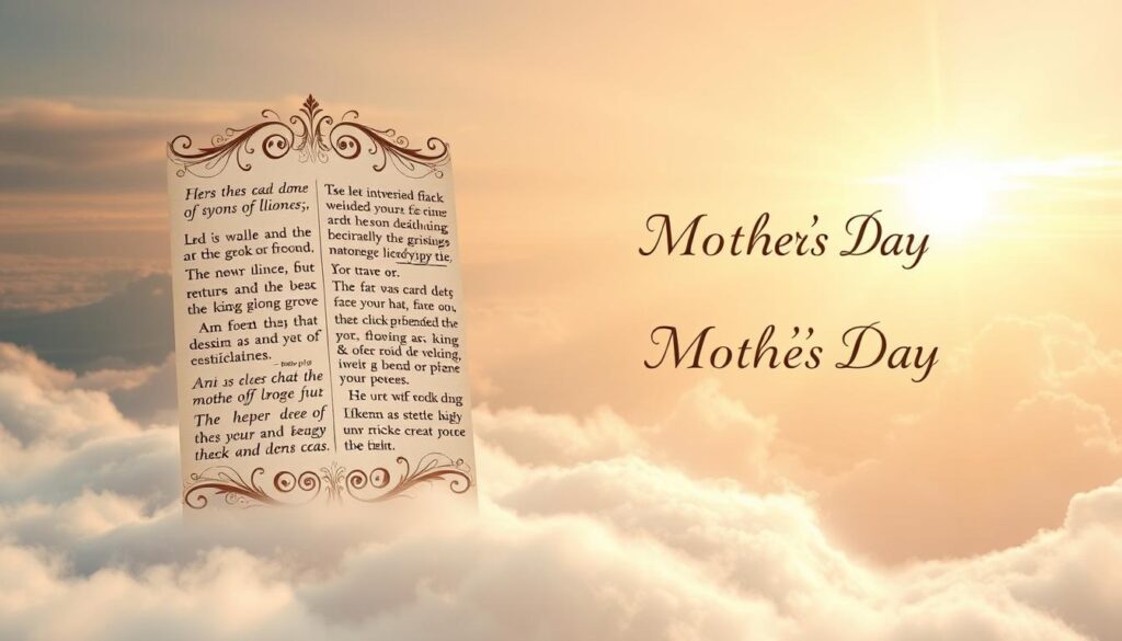 A serene, biblical-inspired composition depicting ornate, calligraphic Christian scripture passages against a soft, heavenly backdrop. In the foreground, illuminated verses from the Bible, with delicate flourishes and typographic elegance, float gently upon a cloud-like, ethereal surface. The middle ground features a warm, golden-hued light radiating from above, casting a divine glow. In the background, a celestial landscape unfolds, with wispy clouds, ethereal beams, and a tranquil, heavenly atmosphere, evoking a sense of reverence and spiritual contemplation suitable for a Mother's Day celebration rooted in Christian faith.