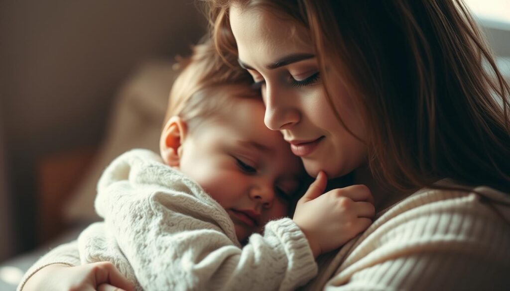 A serene, candid mother-child moment captured in warm, natural lighting. The mother's gentle gaze and tender embrace convey the profound connection between them, as the child nestles trustingly in her arms. Soft, muted colors and a blurred, intimate background emphasize the emotional intimacy. The overall composition exudes a sense of comfort, security, and unwavering love - a poignant illustration of the cherished mother-child bond.
