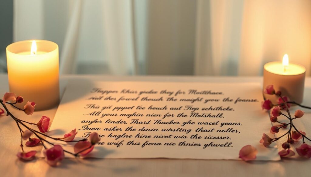 A serene, candlelit scene of handwritten "Dankessprüche" (words of gratitude) for motherhood, delicately penned on soft, ivory parchment. The calligraphic script flows gracefully across the page, each word infused with heartfelt appreciation. In the background, a gently diffused light emanates, casting a warm, comforting glow that envelops the tender missives. The composition is balanced, with the text framed by elegant, trailing floral arrangements, their petals appearing to dance upon the surface. An atmosphere of reverence and sincerity permeates the image, reflecting the profound respect and admiration expressed through these written tributes to the cherished role of motherhood.