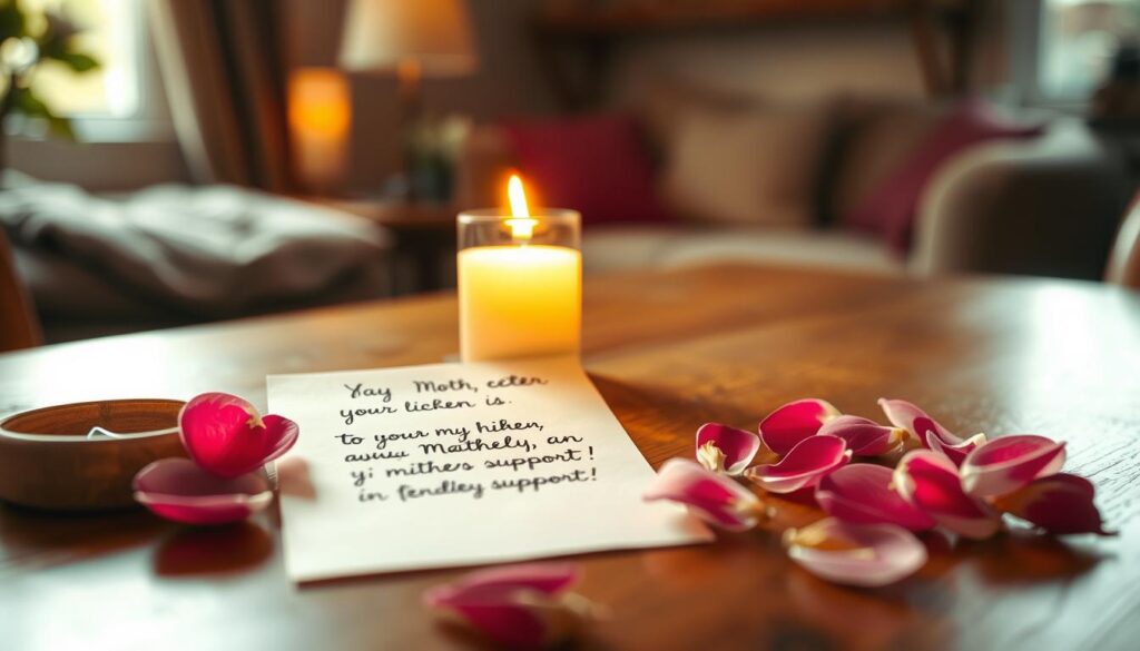 A serene, candlelit scene with a handwritten letter and delicate flower petals scattered across a wooden table. The letter's cursive script conveys a heartfelt message of love and appreciation for a mother's unwavering support. Soft, warm lighting highlights the tender moment, creating an atmosphere of emotional intimacy. In the background, a blurred, cozy interior evokes a sense of home and comfort. The overall scene radiates a profound sense of gratitude and the deep bond between a mother and child.