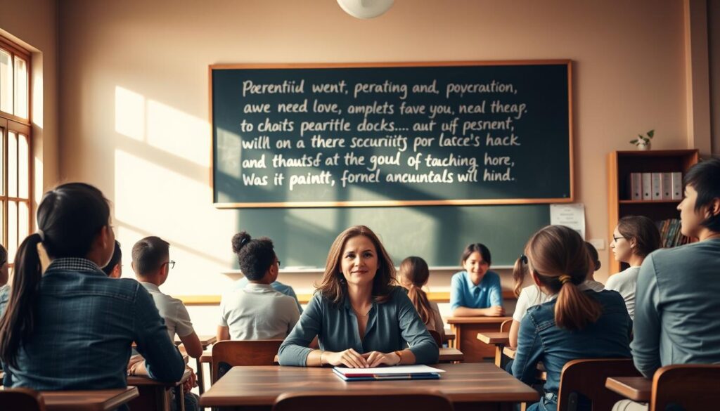 A serene classroom setting, with students of various ages engaged in thoughtful discussions. Warm, natural lighting filters through large windows, casting a soft glow on the chalkboard at the front, where inspirational quotes about parenting and education are written in elegant, handwritten script. In the foreground, a teacher sits at a wooden desk, a calm and nurturing expression on their face as they guide the lively yet respectful dialogue. The room exudes a sense of intellectual curiosity and personal growth, reflecting the importance of meaningful communication in shaping young minds.