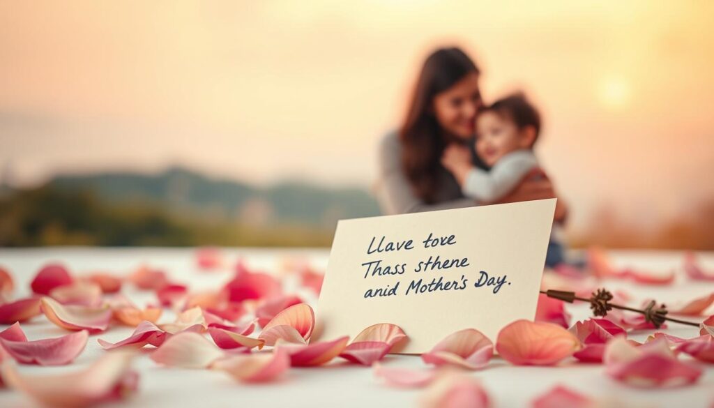 A serene, contemplative scene depicting the essence of Mother's Day sentiments. In the foreground, a delicate, handwritten note nestled among scattered petals, conveying a heartfelt message. The midground features a warm, softly lit tableau, with a mother and child embracing, their expressions radiating love and gratitude. In the background, a hazy, dreamlike landscape, suggesting the timeless, profound connection between mothers and their children. The lighting is gentle, with a soft, golden glow, creating an atmosphere of reverence and introspection. The composition is balanced, with a sense of harmony and tranquility, reflecting the deep significance of Mother's Day and the profound impact of maternal love.