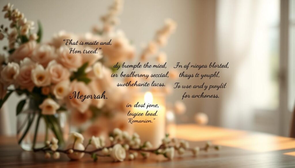 A serene, contemplative scene featuring inspirational quotes from renowned individuals on the theme of motherhood. A warm, soft-focused foreground with hand-lettered phrases in an elegant calligraphic style, floating against a blurred background of delicate floral arrangements and gentle lighting, evoking a sense of timeless wisdom and maternal affection. The layout is balanced and harmonious, inviting the viewer to pause and reflect on the profound insights shared by these celebrated voices.