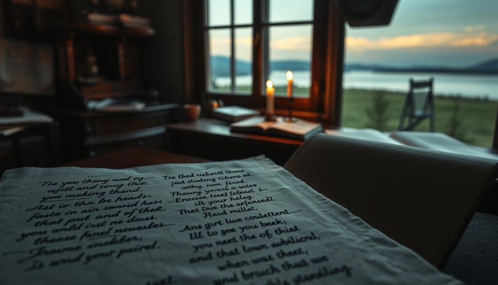 A serene, contemplative scene featuring long, hand-lettered phrases and quotes on textured paper. The foreground showcases a collection of these thoughtful musings, each with its own unique calligraphic style and delicate brushstrokes. The middle ground depicts a dimly lit, cozy workspace, with a vintage desk, a smoldering candle, and scattered journals. In the background, a window looks out onto a tranquil, softly-lit landscape, hinting at the deeper reflections and emotions evoked by the powerful words. The overall atmosphere is one of introspection, inspiration, and the quiet beauty of the written word.