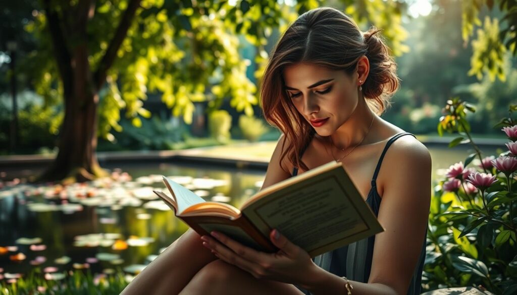 A serene, contemplative scene of a woman sitting in a lush, verdant garden, deeply immersed in the pages of a poetry book. Soft, warm lighting filters through the trees, casting a gentle glow on her face as she loses herself in the words. The background features a tranquil pond reflecting the surrounding foliage, with petals gently drifting on the surface. The woman's expression is one of profound thought and emotional connection, capturing the essence of how poetry can touch the soul. The composition is balanced, with the woman as the focal point, surrounded by the natural beauty that inspires and nurtures the appreciation of poetic verse.