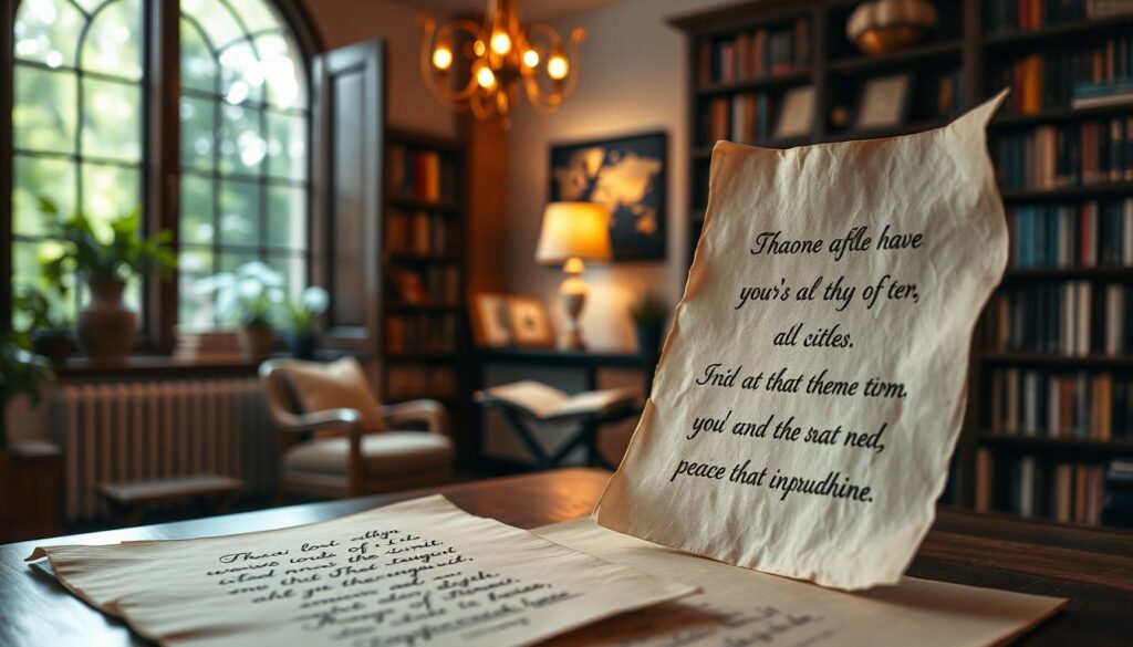 A serene, contemplative scene showcasing the significance of inspirational quotes. In the foreground, a group of thoughtfully curated handwritten phrases on antique parchment float gracefully, their textures and calligraphic strokes inviting close examination. The middle ground features a cozy, well-lit study, with a reading nook surrounded by bookshelves and a warm, glowing lamp casting a gentle ambiance. In the background, a window overlooking a lush, verdant garden acts as a soothing, natural backdrop, emphasizing the tranquility and introspection evoked by the meaningful words. The overall mood is one of quiet reflection, highlighting the power of language to inspire, comfort and enlighten.