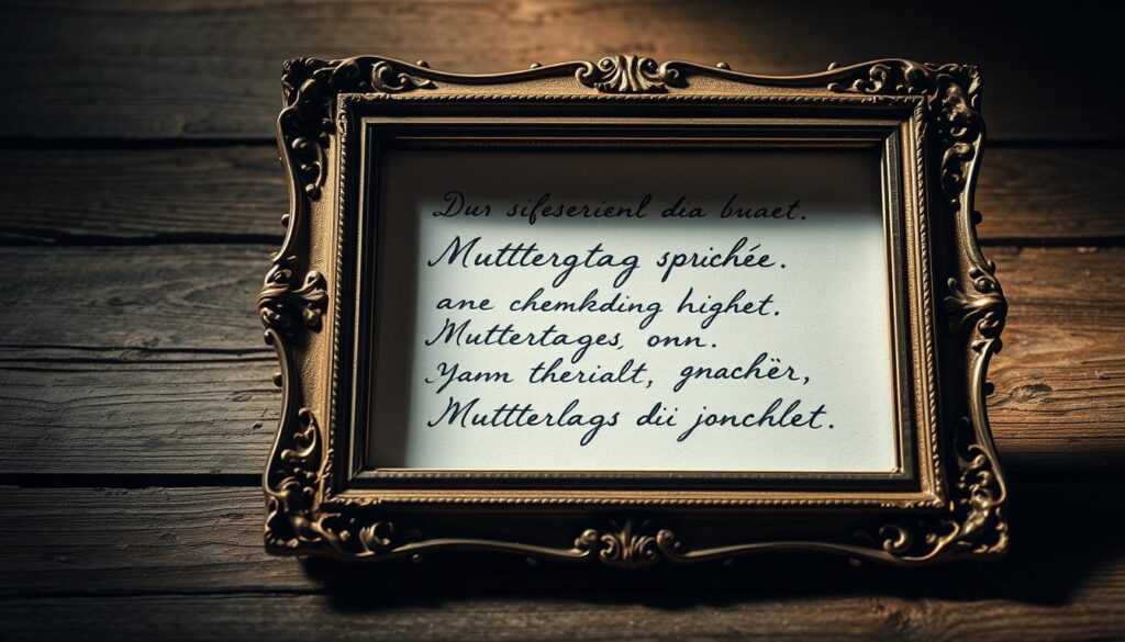 A serene, dimly lit composition depicting an ornate vintage-style frame resting on a weathered wooden surface. Within the frame, delicate handwritten calligraphy gracefully unfurls, forming heartfelt "Muttertagssprüche" (Mother's Day phrases) in an elegant cursive script. Soft, warm lighting casts a gentle glow, evoking a sense of reverence and appreciation. The overall atmosphere is one of quiet contemplation, inviting the viewer to reflect on the profound meaning and emotional resonance of these meaningful motherly sentiments.