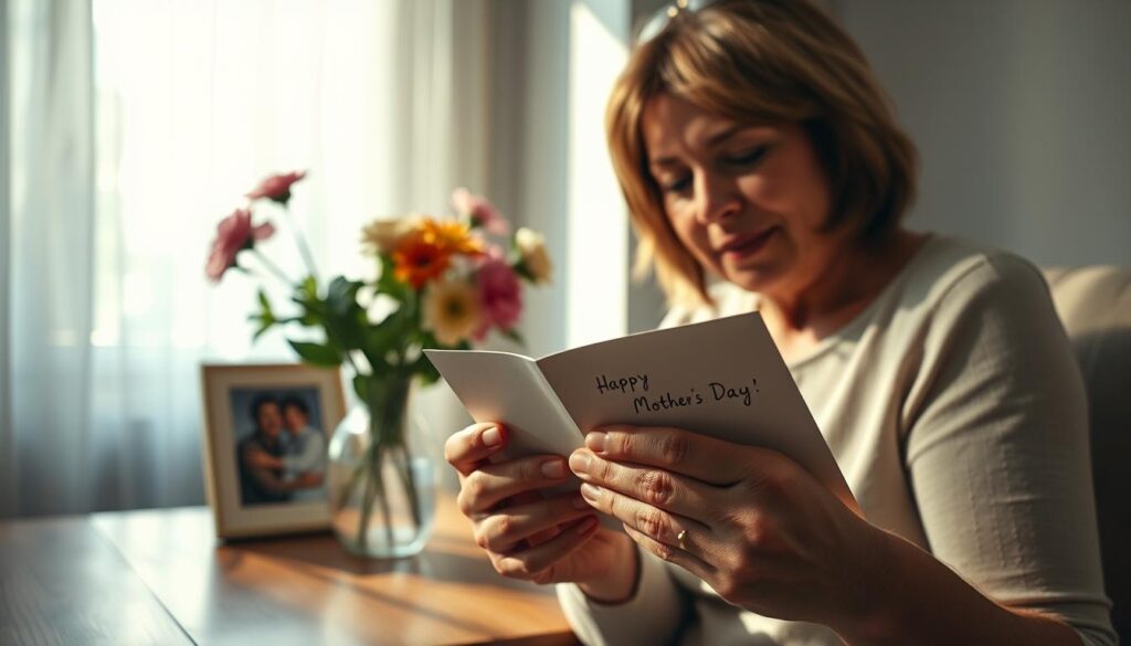 A serene, dimly lit interior scene depicting the significance of Mother's Day greetings. In the foreground, a woman's hands gently opening a handwritten card, her expression one of warmth and appreciation. Behind her, a vase of fresh flowers and a framed family photograph sit on a wooden table, casting soft shadows. The background is hazy, suggesting a cozy, intimate atmosphere. Gentle natural lighting filters through a nearby window, creating a peaceful, reflective mood. The composition emphasizes the heartfelt, personal nature of these cherished Mother's Day messages.