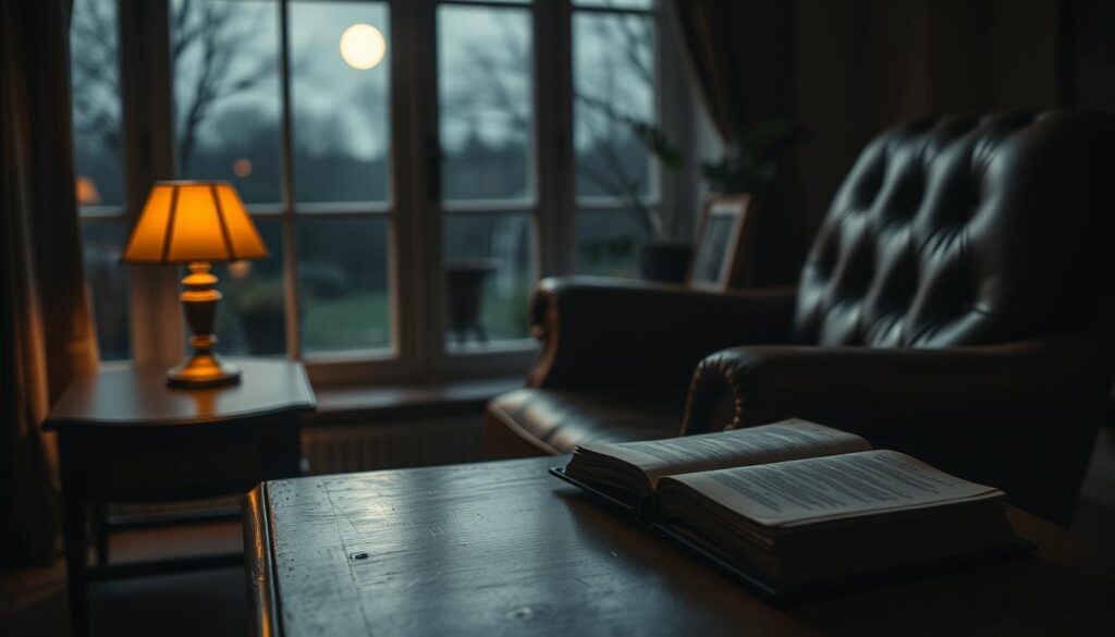 A serene, dimly-lit study with a worn leather armchair and a wooden end table. On the table sits an old, leather-bound book of poetry, its pages slightly yellowed. Soft, warm lighting from a table lamp casts a gentle glow, creating an atmosphere of contemplation and emotional introspection. In the background, a large window overlooks a tranquil, moonlit garden, hinting at the inner world that poetry can evoke. The overall scene conveys a sense of quiet thoughtfulness, as if inviting the viewer to pause and reflect on the emotional power of the written word.