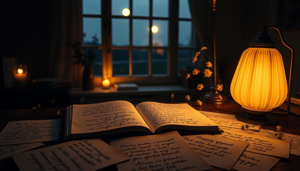 A serene, dimly lit study with warm, glowing lamps casting a soft, inviting ambiance. On the desk, an open journal lies amidst scattered pages of handwritten quotations, reflecting the wisdom and timeless insights of mothers. The pages are illuminated by the gentle radiance, creating an atmosphere of contemplation and reverence. In the background, a large window frames a tranquil, moonlit landscape, suggesting the calming, introspective mood. Delicate floral arrangements and subtle, earthy tones lend an air of elegance and thoughtfulness to the scene, perfectly capturing the essence of "Zitate über Mütter" and the cherished maternal insights they convey.