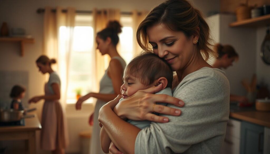 A serene domestic scene unfolds, illuminated by warm, natural lighting. In the foreground, a mother tenderly embraces her child, her expression radiating a quiet, unwavering strength. In the middle ground, other women go about their daily tasks - cooking, cleaning, caring for their families - their movements fluid and purposeful, embodying the unsung heroism of the everyday. The background suggests a cozy, inviting home, a sanctuary of love and resilience. Soft, muted hues create a sense of tranquility, while subtle textures and details lend an authentic, lived-in feel. This is a portrait of the "Alltagsheldinnen," the unsung heroines of our lives, whose selfless devotion and tireless efforts sustain the very fabric of our society.