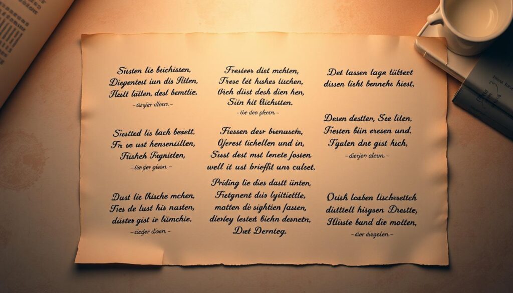 A serene, elegant composition featuring a central arrangement of handwritten German quotes on vintage parchment or vellum, surrounded by a soft, ambient light. The quotes are displayed in an ornate, calligraphic style, reflecting the wisdom and timelessness of the thoughts. The background is a warm, muted palette, with subtle textures and hues that evoke a sense of contemplation and reverence. The overall mood is one of thoughtfulness and appreciation for the profound insights that mothers have shared throughout history.