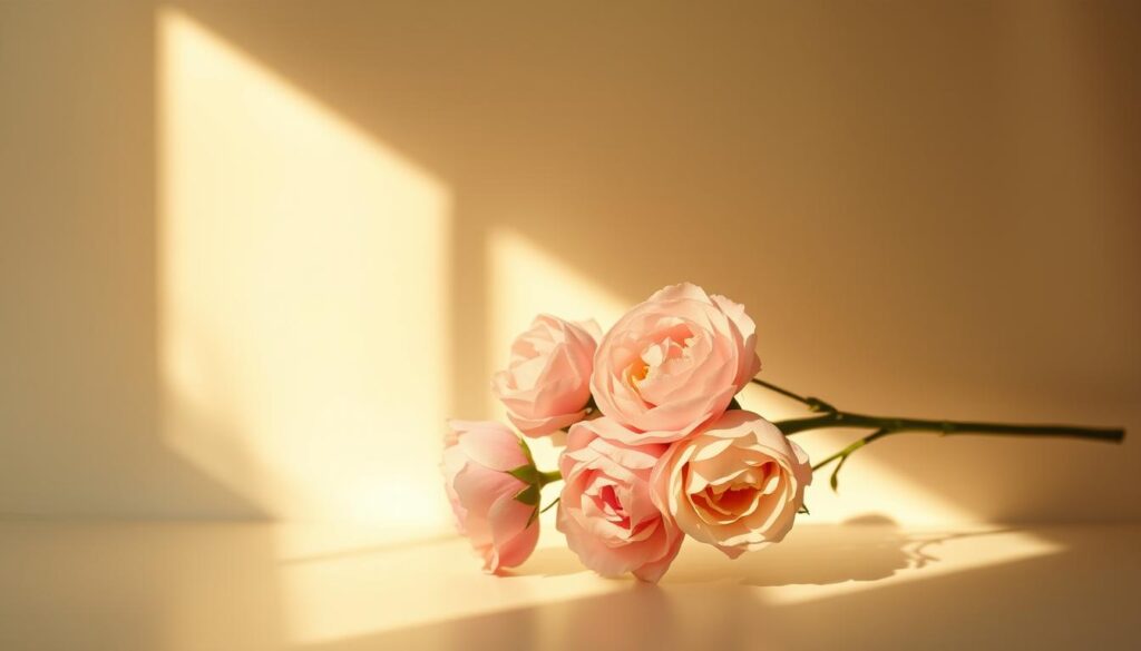 A serene, elegant floral arrangement against a soft, neutral background. The flowers, perhaps roses or peonies, are illuminated by warm, natural lighting, casting gentle shadows. The arrangement is composed with care, each bloom complementing the others. The overall mood is one of tenderness and reverence, evoking the beauty and depth of a mother's love. The scene conveys a sense of timeless, poetic grace, befitting the "Inspirierende Zitate zur Mutterliebe" section of the article.