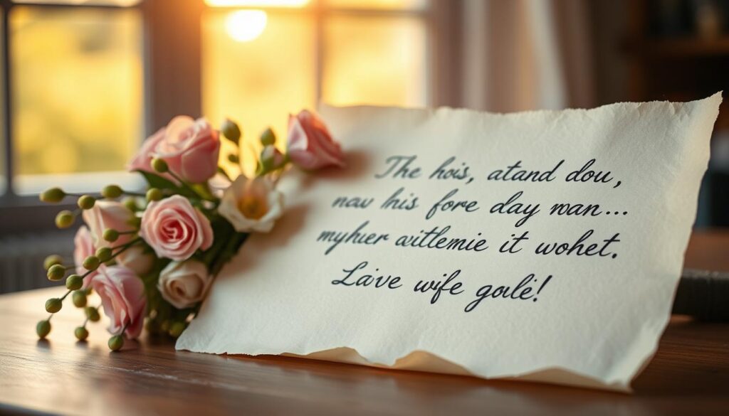 A serene, elegant image of Muttertagssprüche (Mother's Day quotes) for a wife or partner. In the foreground, a delicate hand-lettered script displays a heartfelt message of love and appreciation on a parchment-like surface, illuminated by soft, warm lighting. In the middle ground, a bouquet of fragrant flowers, such as roses or lilies, cascades around the script, their petals gently curling. The background features a blurred, soothing landscape, perhaps a sun-dappled garden or a tranquil indoor setting, creating a sense of intimacy and calmness. The overall composition evokes a feeling of thoughtfulness, gratitude, and the deep connection between a partner and their loved one on Mother's Day.