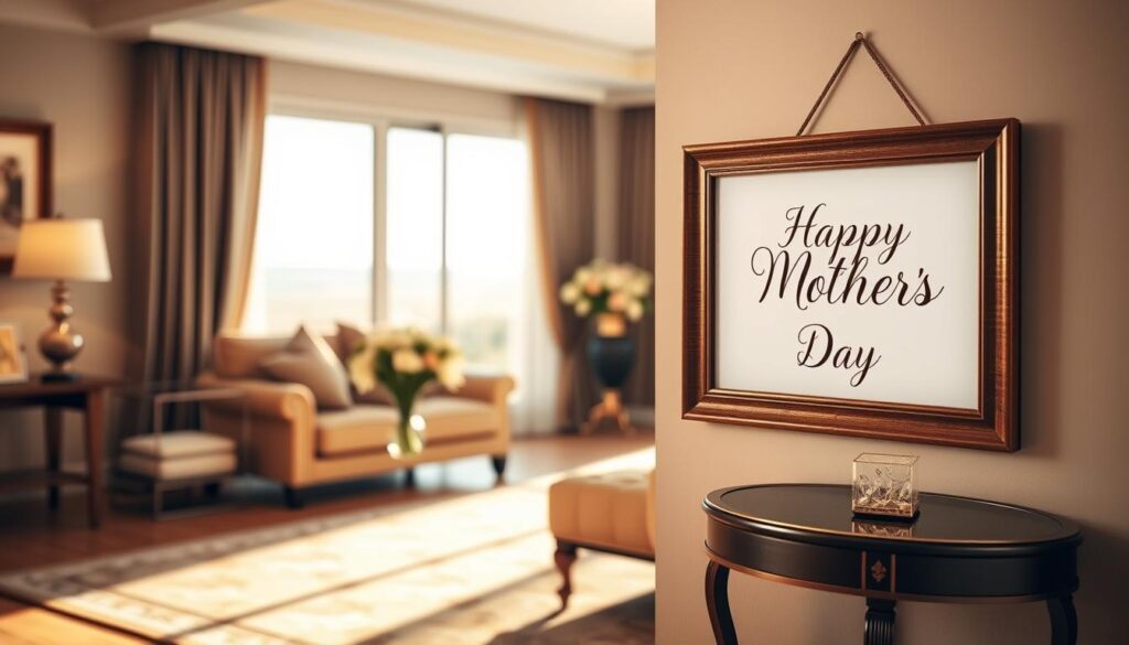 A serene, elegant living room with plush, warm furniture and cozy lighting. In the foreground, a wooden picture frame hangs on the wall, showcasing a classically beautiful Mother's Day message in a handwritten calligraphic style. The middle ground features a vase of fresh flowers, perhaps lilies or roses, resting on a polished side table. The background depicts a softly blurred landscape visible through a large window, conveying a tranquil, timeless ambiance. The entire scene exudes a sense of heartfelt appreciation and cherished tradition.