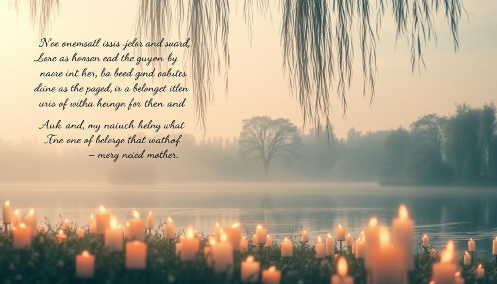 A serene, ethereal landscape with a soft, hazy atmosphere. In the foreground, delicate, handwritten calligraphic phrases of comfort and solace float amidst a field of glowing candles, their flickering flames casting a warm, gentle glow. In the middle ground, a tranquil lake reflects the sky above, its surface rippling with a sense of peace and tranquility. In the background, a forest of willow trees sways gently, their drooping branches creating a sense of sheltering embrace. The overall mood is one of quiet contemplation, where the words of remembrance and healing offer a moment of solace for those who have lost a beloved mother.