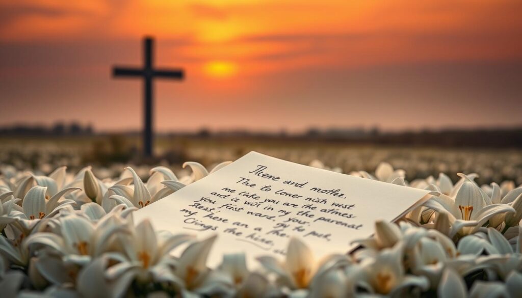 A serene, ethereal landscape with a soft, muted color palette. In the foreground, a delicate, handwritten letter rests on a bed of white lilies, their petals gently caressing the paper. The middle ground features a lone, weathered wooden cross, casting a subtle shadow across the scene. In the distance, a vibrant, sunset-painted sky creates a warm, contemplative atmosphere, evoking a sense of peaceful remembrance. The overall composition conveys a solemn, heartfelt tribute to those who have passed, inviting the viewer to reflect on the cherished memories of a beloved mother.