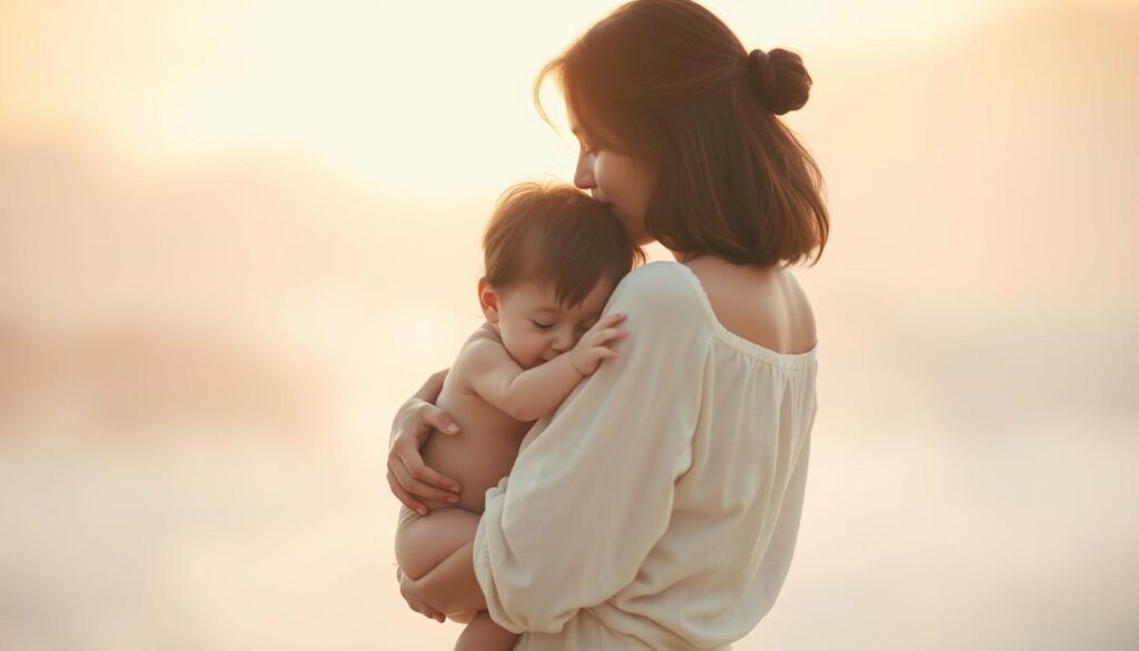 A serene, ethereal scene depicting a mother and child in a warm, tender embrace. The foreground features the two figures, their bodies intertwined in a delicate, loving pose, their faces expressing a profound connection and deep, heartfelt emotion. The middle ground is a soft, hazy, pastel-colored background, with a gentle, diffused lighting that casts a glowing, almost spiritual aura over the scene. The background is a dreamlike, abstracted landscape, with muted colors and a sense of tranquility, reflecting the intimate, soulful nature of the mother-child bond. The overall composition and mood evoke a profound sense of affection, comfort, and the profound, cherished relationship between a mother and her child.