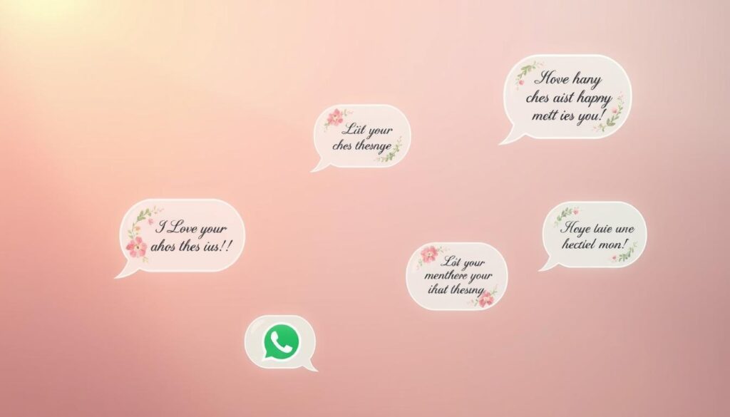 A serene, ethereal scene of WhatsApp chat bubbles floating against a soft, pastel gradient background. The bubbles are adorned with delicate floral patterns and elegant calligraphic messages of love and appreciation for a mother. Warm, directional lighting from the upper left casts a gentle glow, creating a dreamy, intimate atmosphere. The composition is balanced and harmonious, with the bubbles gracefully arranged to draw the eye towards the center. The overall aesthetic is modern, minimalist, and reflects the digital, personalized nature of the "WhatsApp-Muttertagssprüche" concept.
