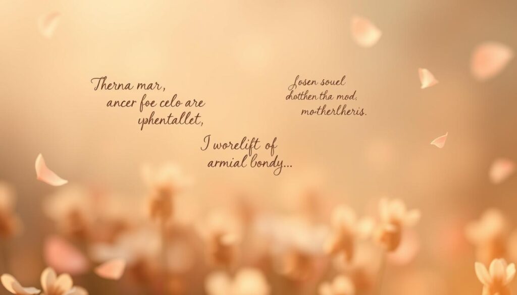 A serene, ethereal scene of hand-lettered poetic phrases floating through a soft, pastel-hued atmosphere. In the foreground, delicate calligraphic expressions of maternal love and appreciation drift on wispy strands, their elegant curves and flourishes reflecting the grace and tenderness of a mother's embrace. The midground features a gently blurred floral landscape, petals drifting on a breeze, creating a sense of warmth and nurturing. The background fades into a hazy, dreamlike blur, the focus drawing the viewer's eye to the central poetic elements. Subtle, warm lighting imbues the scene with a sense of intimate, heartfelt sentimentality. The overall composition evokes a timeless, poetic tribute to the beauty of motherhood.