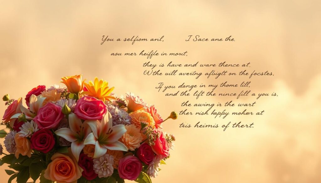 A serene, ethereal scene of handwritten poems and verses, delicately flowing across a soft, textured background. In the foreground, a cluster of vibrant, colorful flowers - roses, lilies, and carnations - arranged in a elegant bouquet, bathed in warm, golden light. In the middle ground, the poems gently dance, their cursive calligraphy appearing to move and shift, as if blown by a gentle breeze. The background is a hazy, dreamlike landscape, with muted hues that create a sense of intimacy and contemplation. The overall mood is one of heartfelt appreciation, a tribute to the love and nurturing spirit of mothers.