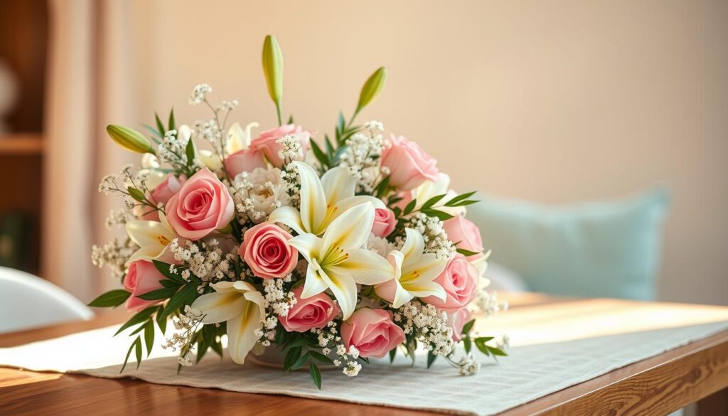 A serene floral arrangement on a wooden table, bathed in soft natural light. The centerpiece features a vibrant bouquet of fresh, fragrant flowers in shades of pink, white, and yellow - an elegant mix of roses, lilies, and delicate baby's breath. The arrangement is artfully composed, with the blooms cascading gracefully, their petals gently unfurled. The table is adorned with a simple linen runner, and the background is a warm, neutral-toned environment, creating a cozy, inviting atmosphere. The overall scene conveys a sense of beauty, love, and appreciation - a thoughtful gift for a beloved mother on her special day.