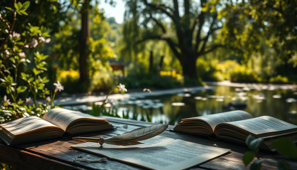 A serene garden scene, soft sunlight filtering through lush foliage. In the foreground, an elegant quill pen rests on a weathered wooden desk, surrounded by open books and scrolls, hinting at the creative act of poetic composition. In the middle ground, wispy flower petals drift gently, setting a contemplative mood. The background features a tranquil pond, its surface reflecting the verdant trees and sky above, evoking a sense of deep, introspective thought. The overall atmosphere is one of quiet inspiration, inviting the viewer to immerse themselves in the timeless art of crafting heartfelt, meaningful verses for special occasions.