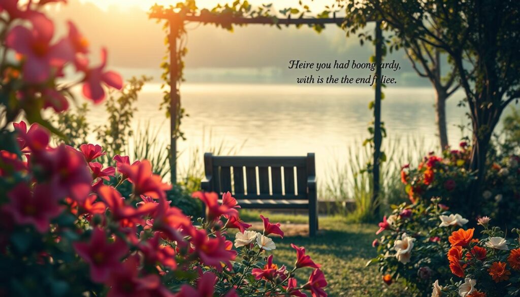 A serene garden scene, the foreground filled with lush, blooming flowers in vibrant hues. Delicate petals dance in a gentle breeze, their forms suggesting metaphorical meanings. In the middle ground, a weathered wooden bench invites contemplation, framed by a trellis of climbing vines. The background depicts a tranquil pond, its surface mirroring the sky above, creating a sense of balance and harmony. Soft, diffused lighting casts a warm, golden glow, evoking a pensive, poetic atmosphere. Elegant, poetic messages are subtly integrated into the natural setting, their meaning left for the viewer to interpret.