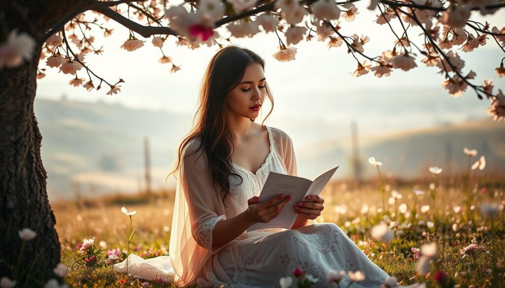 A serene garden scene, with a mother figure seated beneath a blossoming tree, surrounded by swirling petals. Her expression is tranquil, her gaze contemplative, as she holds a handwritten poem in her hands. Soft, warm lighting bathes the scene, creating an intimate, sentimental atmosphere. The background is a hazy, dreamlike landscape, with rolling hills and a distant horizon. The overall composition evokes the deep, emotional significance of a mother's bond and the heartfelt sentiments expressed in Muttertagsgedichte.