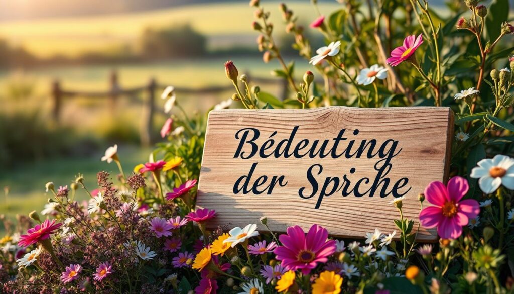 A serene garden scene with a weathered wooden sign displaying the German phrase "Bedeutung der Sprüche" in an elegant, hand-lettered script. The sign is nestled among a lush floral arrangement, including vibrant wildflowers, delicate blooms, and verdant foliage. Soft, warm lighting filters through the scene, creating a tranquil, contemplative atmosphere. In the background, a blurred, sunlit landscape suggests a peaceful, pastoral setting. The overall composition conveys the heartfelt meaning and significance of the mother's day sentiments.