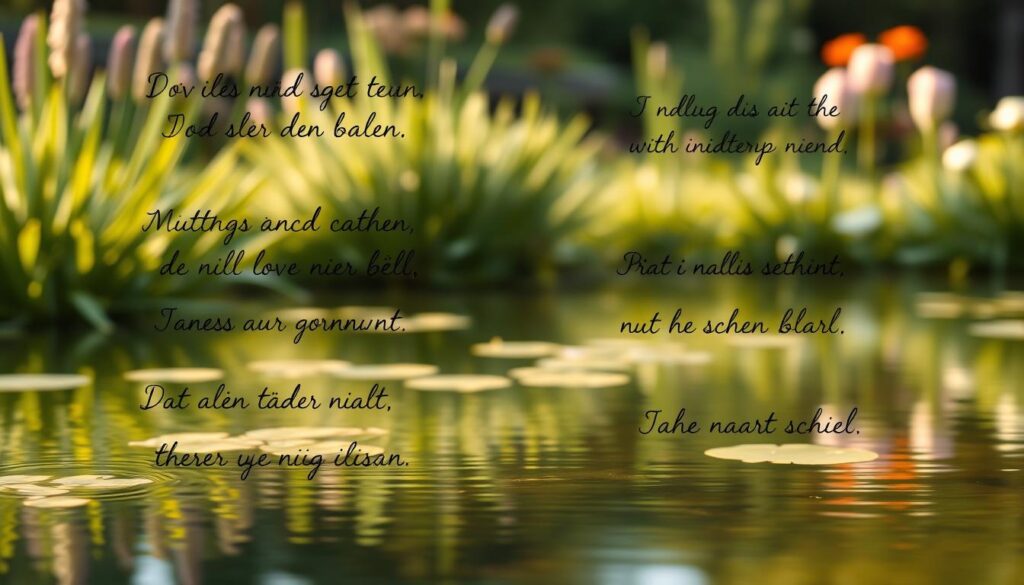 A serene garden scene, with lush greenery and a calming pond in the background. In the foreground, a series of handwritten, emotive phrases in a beautiful cursive script, each one delicately floating above the water's surface, reflecting the soft, golden light of the afternoon sun. The phrases convey heartfelt messages of love, appreciation, and gratitude, capturing the essence of a mother's heart. The overall mood is one of tranquility, warmth, and profound emotional resonance, perfectly suited to illustrate the "Die schönsten Muttertags-Sprüche" section of the article.