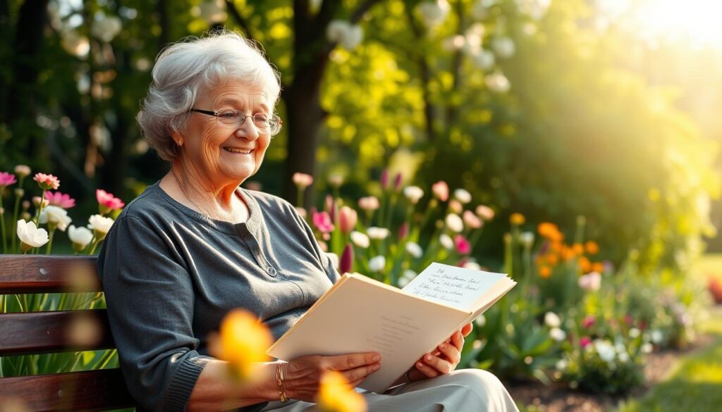 A serene garden setting on a warm spring day, with lush greenery and blooming flowers in the background. In the foreground, an elderly woman sits contentedly on a wooden bench, reading a handwritten book of poetry. Soft, diffused sunlight filters through the trees, creating a warm, peaceful atmosphere. The woman's expression is one of tranquility and joy, as she savors the lyrical verses. The scene evokes a sense of quiet contemplation and reverence for the wisdom and experiences of grandmothers, perfectly capturing the essence of "Gedichte für Großmütter am Muttertag".
