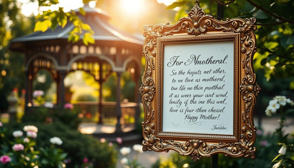 A serene garden setting with a charming gazebo, surrounded by lush greenery and blooming flowers. The sunlight filters through the leaves, casting a warm, golden glow across the scene. In the foreground, a beautifully ornate picture frame floats, the edges adorned with delicate floral motifs. Inside the frame, handwritten calligraphy in an elegant script conveys heartfelt motherly sentiments in a language that evokes a sense of timeless beauty and wisdom. The overall atmosphere is one of tranquility, love, and reverence for the cherished role of mothers.