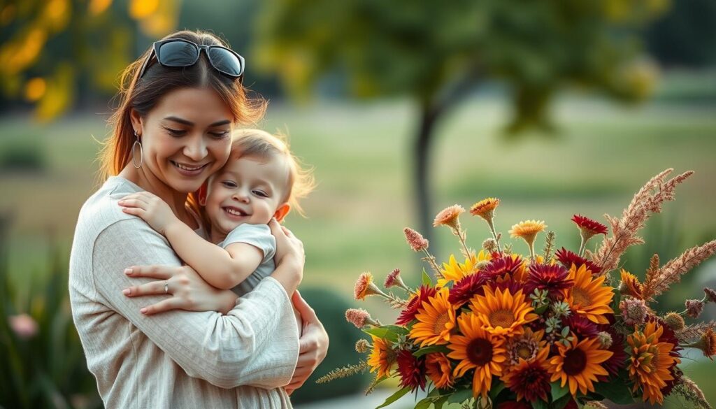 A serene garden setting, with a mother and child embracing in the foreground. Warm, soft lighting illuminates their faces, conveying a sense of tenderness and gratitude. The mother's expression is one of calm, nurturing love, while the child's face reflects a deep appreciation. In the middle ground, a lush, vibrant floral arrangement in earthy tones, symbolizing the abundant blessings of motherhood. The background fades into a tranquil, blurred landscape, creating a sense of timelessness and peace. The overall atmosphere is one of heartfelt appreciation, reverence, and the profound bond between a mother and child.