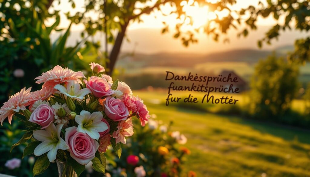 A serene garden setting with a warm, golden sunlight filtering through lush greenery. In the foreground, a bouquet of beautiful flowers - roses, lilies, and carnations - artfully arranged in a delicate vase. The middle ground features a handwritten message on a weathered wooden plaque, expressing heartfelt "Dankessprüche für die Mutter" - words of gratitude and appreciation for a mother's unconditional love and support. The background showcases a tranquil landscape, with rolling hills and a distant horizon, evoking a sense of peace and contentment. The overall composition and lighting create a calming, elegant, and genuinely emotive atmosphere, befitting the sentiment of the section title.