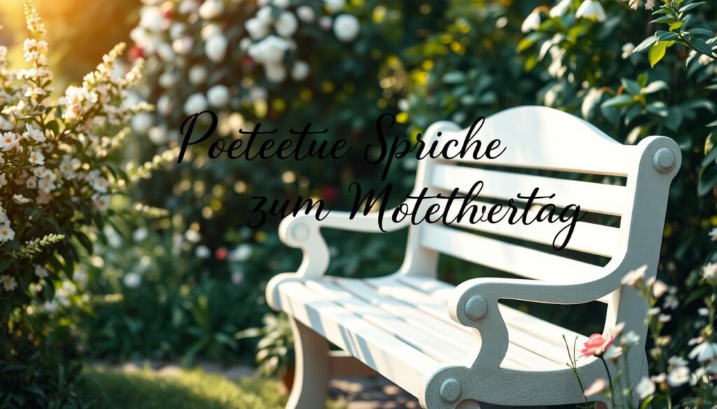 A serene garden setting with a white wooden bench, adorned with lush greenery and delicate blooms. Soft, natural lighting casts a warm, inviting glow, highlighting the elegant calligraphy of handwritten "Poetische Sprüche zum Muttertag" that appears to be floating amidst the scene. The overall composition conveys a sense of tranquility, appreciation, and the gentle beauty of the written word, perfectly capturing the essence of the article's subject and section title.