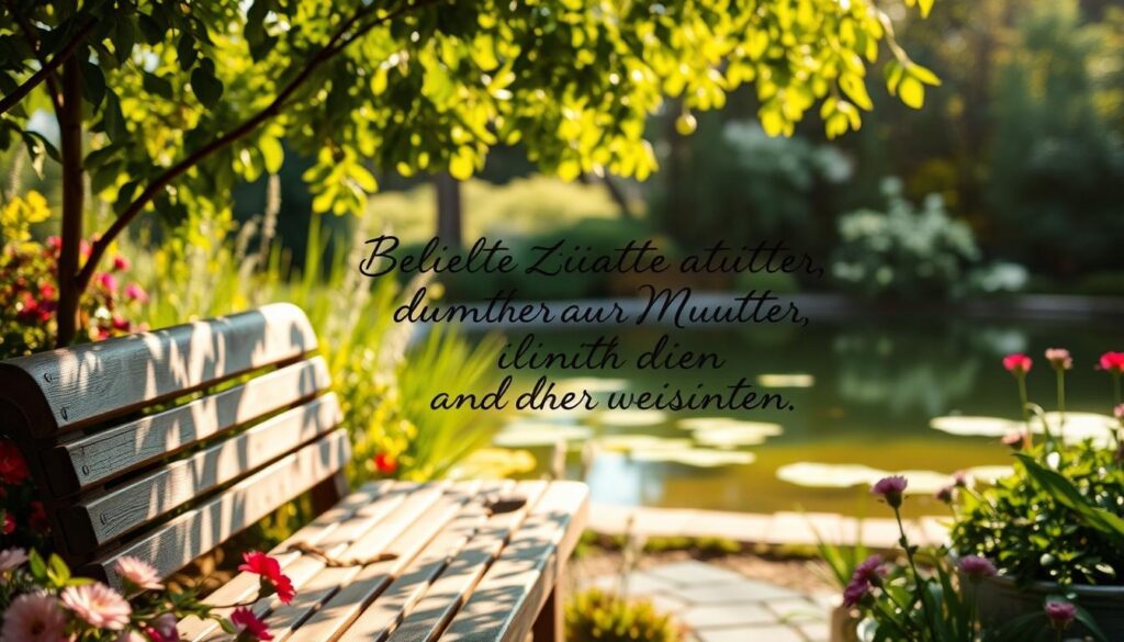 A serene garden setting, with a wooden bench nestled amidst a lush, vibrant floral arrangement. Soft, dappled sunlight filters through the leaves, casting a warm, contemplative glow. In the foreground, a handwritten calligraphic quote floats in the air, its elegant strokes conveying the timeless wisdom and nurturing presence of a mother. The quote is surrounded by a subtle, ethereal halo, evoking a sense of reverence and profound appreciation. In the background, a tranquil pond reflects the verdant landscape, creating a soothing, meditative atmosphere. The overall composition is both visually striking and emotionally resonant, capturing the essence of "Beliebte Zitate über Mütter und ihre Weisheiten."