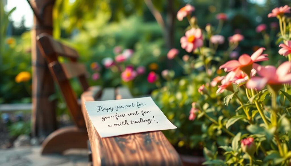 A serene garden setting with a wooden bench nestled amidst lush greenery and vibrant flowers. Warm, soft lighting casts a gentle glow, creating an intimate and contemplative atmosphere. In the foreground, a hand-written note rests on the bench, its elegant script hinting at a heartfelt sentiment. The middle ground features a variety of blooming flowers, their petals gently swaying in a light breeze. The background is slightly blurred, drawing the viewer's focus to the central scene and inviting them to pause and reflect on the special moments that call for poetic words.