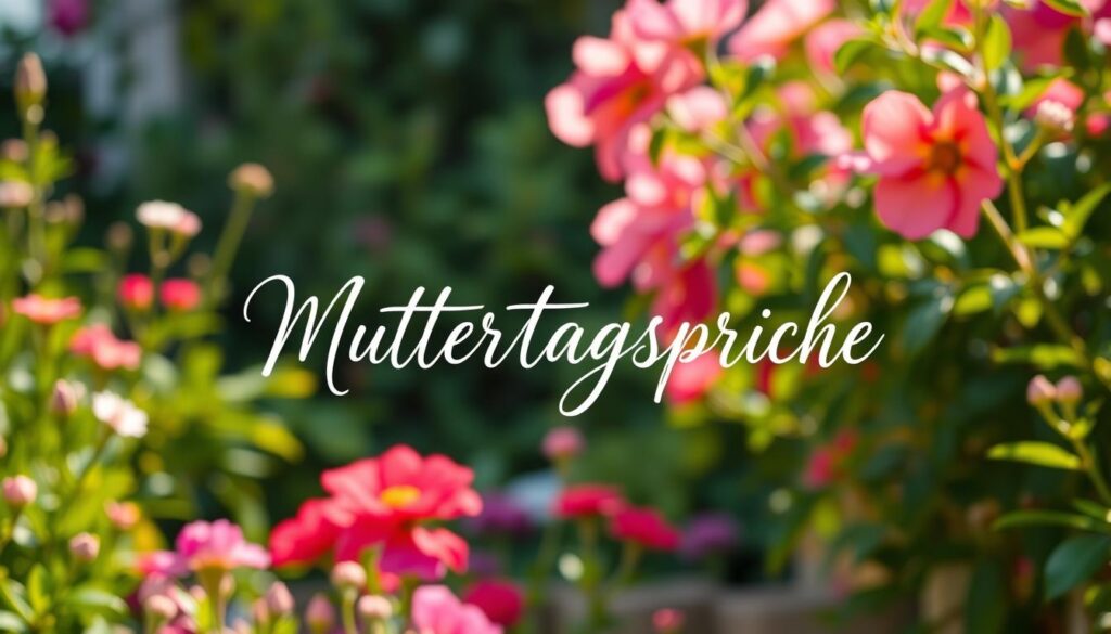 A serene garden setting, with lush greenery and vibrant blooms in the background. In the foreground, a delicate, hand-written calligraphic text appears, gracefully displaying the heartfelt "Muttertagssprüche" - Mother's Day sentiments. The text is illuminated by a warm, natural lighting, casting a soft, glowing effect. The composition is balanced, with the text occupying the central focus, surrounded by a tranquil, idyllic atmosphere that evokes a sense of love, appreciation, and the profound connection between a mother and child. The overall mood is one of tenderness, reverence, and the profound, timeless nature of maternal bonds.