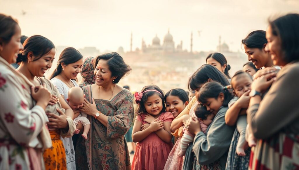 A serene global scene of maternal love, depicted through a soft-focus lens. In the foreground, a diverse array of mothers gently embracing their children, their faces radiant with joy and tenderness. In the middle ground, a kaleidoscope of cultural expressions - traditional garments, diverse skin tones, and a universal gesture of nurturing care. The background fades into a dreamlike landscape, with subtle hints of international landmarks and symbols of unity. The lighting is warm and diffused, casting a gentle glow that envelops the entire scene, evoking a sense of timeless, worldwide Mutterliebe. An atmospheric, emotive image that visually captures the profound, boundless nature of motherly love across the globe.