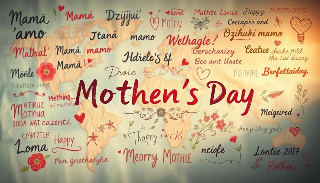 A serene, globally-inspired tapestry of heartfelt Mother's Day sentiments, rendered in a vibrant, textured style. In the foreground, a collage of handwritten phrases in diverse scripts and languages - "Mamá te amo", "Dziękuję mamo", "أحبك يا أمي" - conveying the universal love and gratitude for mothers. In the middle ground, stylized floral motifs and decorative borders weave together, representing the interconnectedness of motherhood across cultures. The background features a softly blurred world map, hinting at the global reach of this special day. Warm, diffused lighting casts a gentle glow, creating an atmosphere of sincere emotion and international unity.