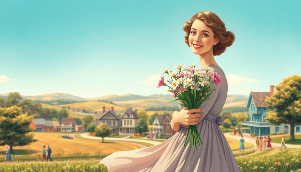 A serene, hand-colored illustration depicting the origin of Mother's Day. In the foreground, a woman in a long, flowing dress holds a bouquet of spring flowers, her face radiant with a gentle smile. The middle ground features a quaint, early 20th-century American town, with Victorian-style houses and people strolling the tree-lined streets. In the background, rolling hills and a clear blue sky create a tranquil, pastoral scene. The lighting is soft and diffused, evoking a nostalgic, timeless ambiance. The lens captures the composition in a wide, panoramic view, allowing the viewer to immerse themselves in the historical setting and celebrate the enduring legacy of Mother's Day.