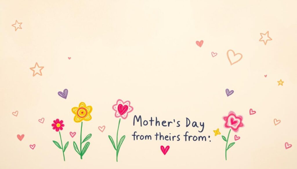 A serene, hand-drawn illustration of heartfelt Mother's Day wishes from children. In the foreground, a child's drawing depicts vibrant flowers, hearts, and an appreciative message to their beloved mother. The middle ground features a warm, pastel-colored background with subtle textures, evoking a sense of tenderness and comfort. The background is filled with whimsical, doodle-like elements such as stars, swirls, and playful shapes, creating a joyful, childlike atmosphere. The lighting is soft and diffused, casting a gentle glow over the entire scene. The overall composition conveys a feeling of genuine, uncomplicated love and appreciation from a child to their mother.