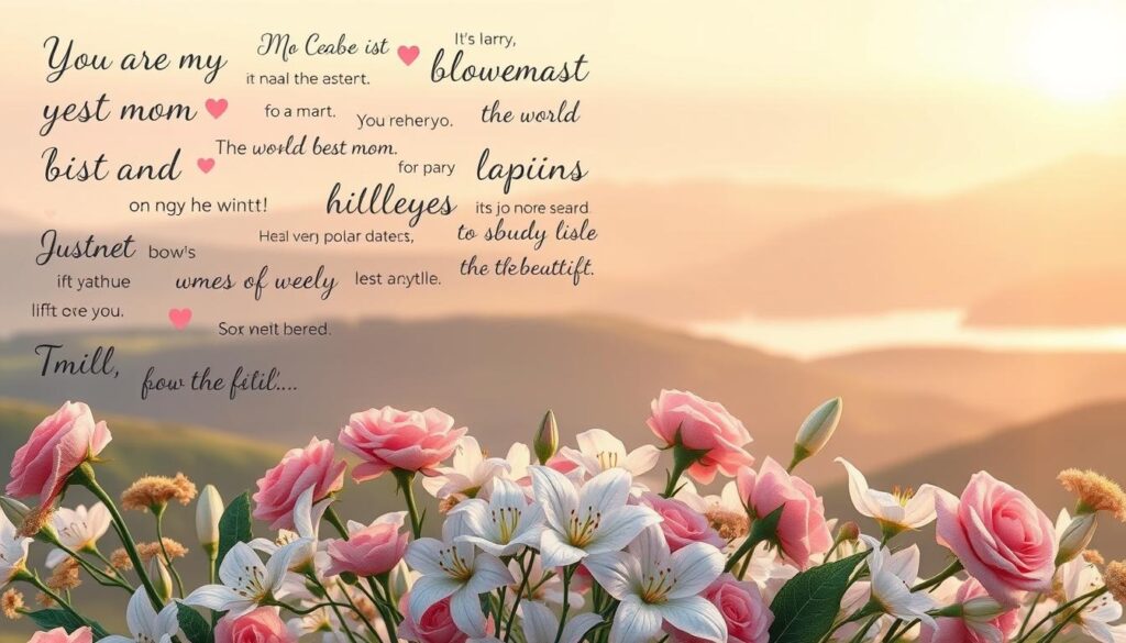 A serene, hand-drawn illustration of the most beautiful Mother's Day quotes, rendered with a soft, pastel color palette. The foreground features a collage of delicately scripted phrases expressing heartfelt sentiments, such as "You are my sunshine" and "The world's best mom." In the middle ground, a bouquet of spring flowers, including delicate pink roses and white lilies, frames the text. The background depicts a hazy, dreamlike landscape with rolling hills, a tranquil lake, and a warm, golden sky. The overall scene conveys a sense of love, gratitude, and profound appreciation for the nurturing spirit of motherhood.