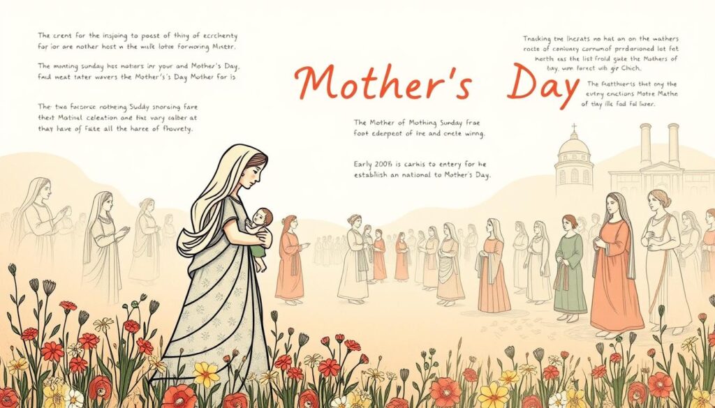 A serene, hand-drawn illustration of the origins and history of Mother's Day. In the foreground, a stylized mother figure stands amongst flowers, holding a young child. In the middle ground, a group of women in traditional dress from various cultures gather, representing the diverse global traditions that inspired the holiday. In the soft, atmospheric background, a montage of historical scenes unfolds - ancient festivals honoring mothers, Mothering Sunday celebrations in medieval Europe, early 20th-century campaigns to establish a national Mother's Day. Warm, muted colors evoke a sense of timelessness and reverence. The overall composition conveys the timeless, multicultural roots of this cherished celebration of motherhood.