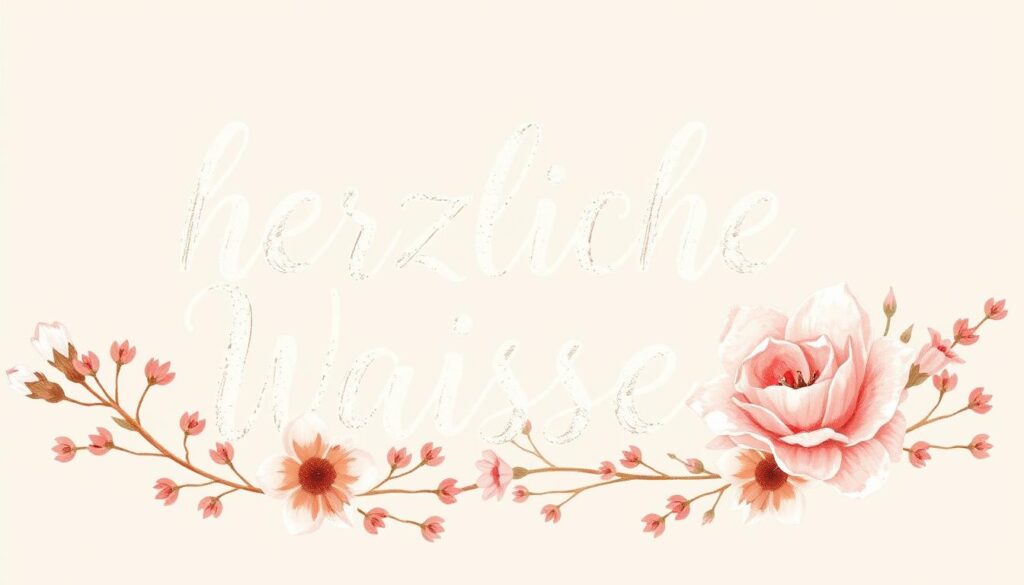 A serene, hand-drawn-style illustration depicting the phrase "herzliche Wünsche" in an elegant, cursive typeface. The text should be the central focus, rendered in a warm, earthy color palette with subtle texture and depth. Surround the text with a delicate floral arrangement, including soft pink and white blooms, perhaps a few leaves or vines, arranged in a natural, asymmetric composition. The overall scene should convey a sense of heartfelt warmth, care, and appreciation, suitable for a Mother's Day celebration. Use soft, diffused lighting to create a calming, inviting atmosphere, with a slightly hazy, watercolor-like quality to the image.