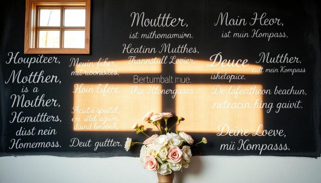 A serene, hand-lettered chalkboard or rustic wooden sign, illuminated by warm, natural light from an overhead window. The foreground features a collection of delicate, cursive-style sayings celebrating the beauty and strength of mothers, such as "Mutter, dein Herz ist mein Zuhause" and "Deine Liebe ist mein Kompass". The middle ground showcases a minimalist, floral arrangement of soft pastel blooms, adding a touch of elegance. The background is a clean, white or light-colored surface, allowing the handcrafted, heartfelt messages to take center stage and create an atmosphere of gratitude and appreciation.