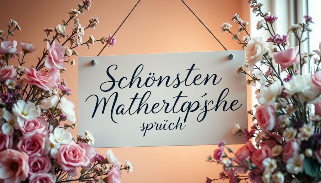 A serene, hand-lettered sign suspended amidst a delicate floral arrangement, adorned with soft pink, white, and lavender blooms. The calligraphic script gracefully curves to form the most heartfelt "Schönsten Muttertagssprüche", exuding a sense of gratitude and adoration. Warm, diffused lighting casts a gentle glow, creating a tranquil, intimate atmosphere. The composition is balanced, with the sign centered and the flowers framing it in an elegant, asymmetrical layout. The overall mood is one of reverence, love, and appreciation for a mother's influence.